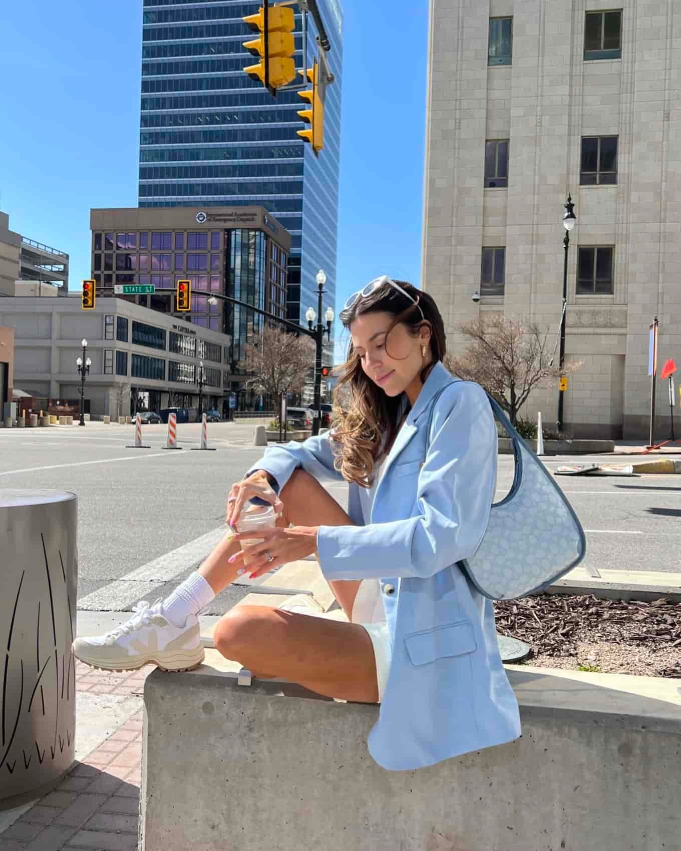 amazon blazer, activewear, spring blazer, pastel blazer, cream set, cream ribbed set, under $60, coach bag, veja sneakers